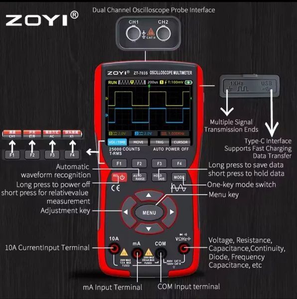 ZOYI ZT-703S цифровий осцилограф 2х50 МГц, генератор 5 кГц, TrueRMS мультиметр 100123 фото